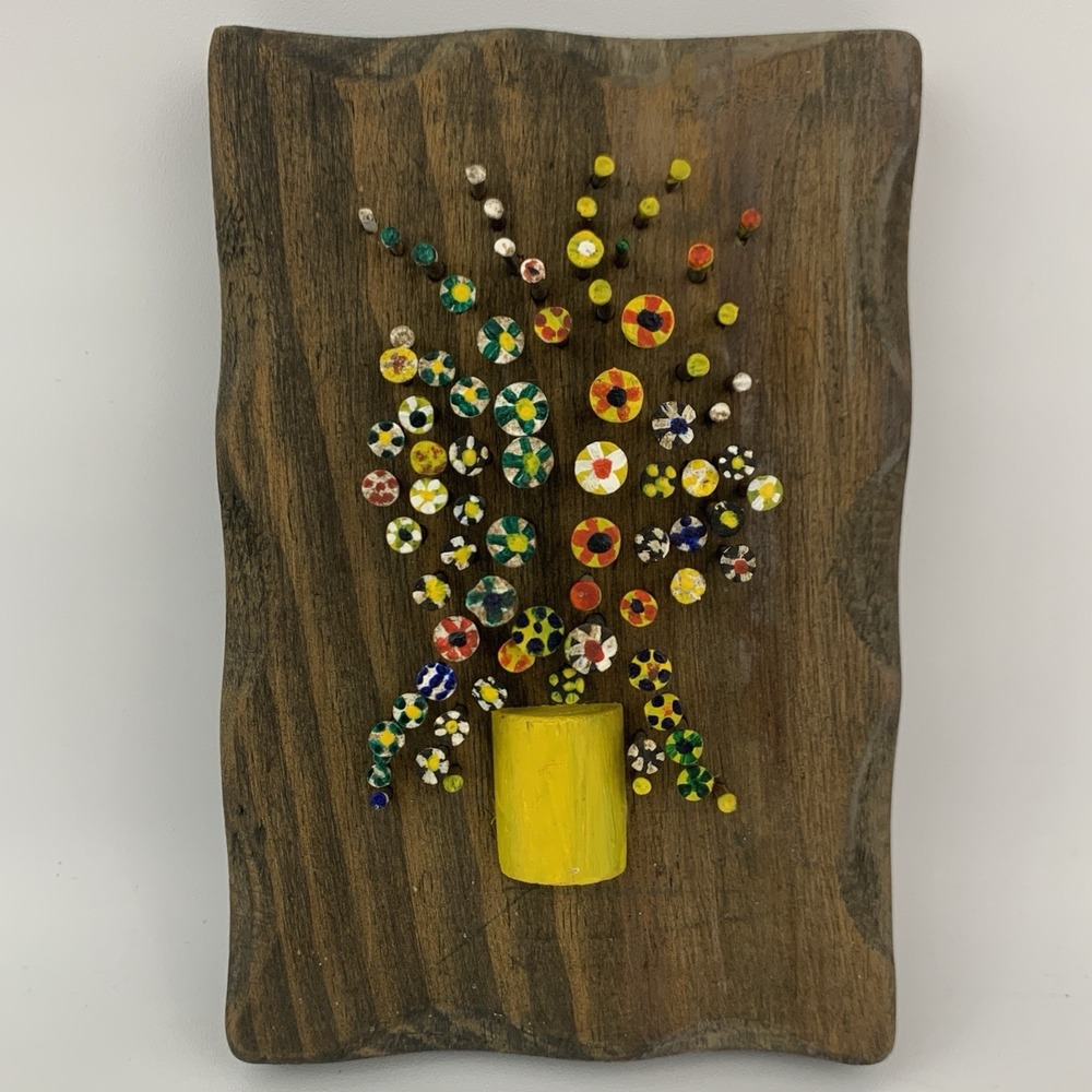 Vintage Folk Art Floral Flower Nail Screw Wood Handmade Art Piece 4"x6"